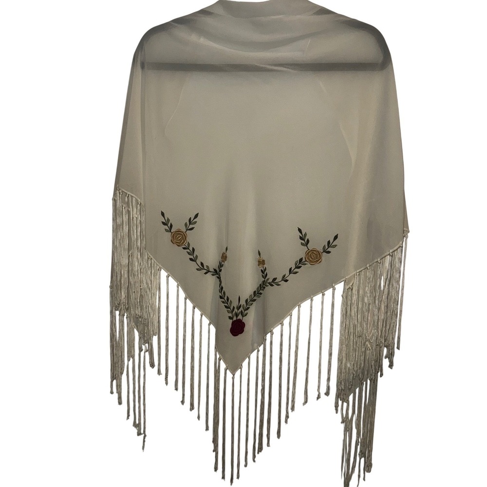 White Floral Embroidered Fringe Shawl Wrap Scarf Boho Whimsical Fairy